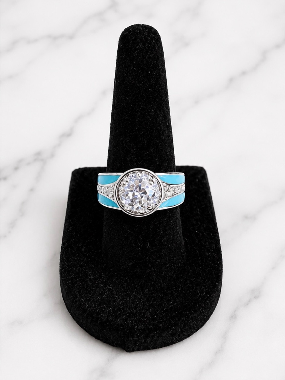 Turquoise Silver Tone Halo Ring With Cubic Zirconia Center Stone Size 9